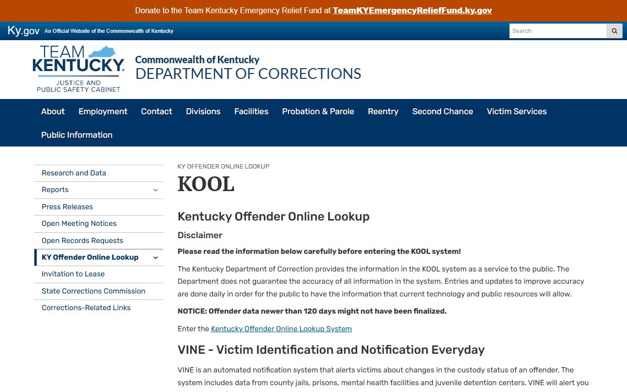 Todd County inmate records Kentucky DOC KOOL information page